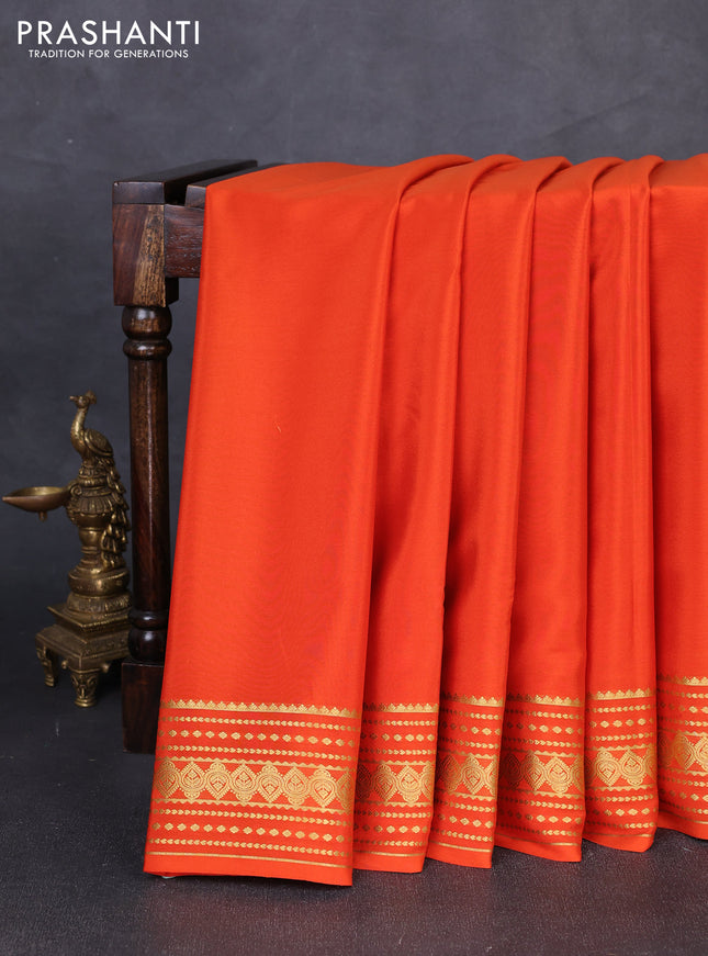 Pure mysore silk saree orange with plain body and zari woven border