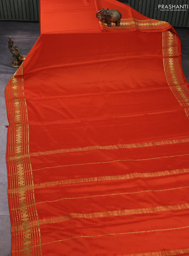Pure mysore silk saree orange with plain body and zari woven border