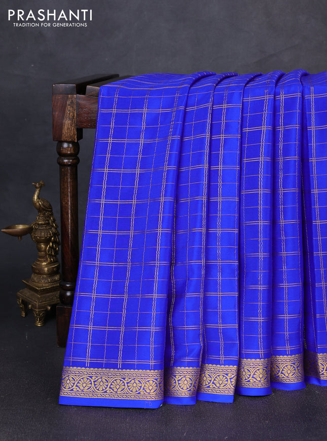 Pure mysore silk saree royal blue with allover zari checked pattern and zari woven border