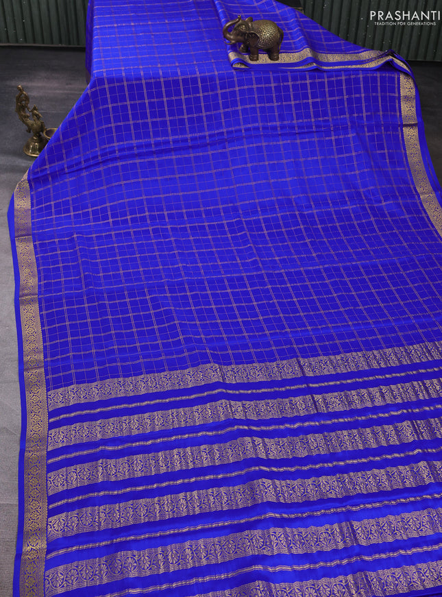 Pure mysore silk saree royal blue with allover zari checked pattern and zari woven border