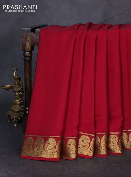 Pure mysore silk saree red with plain body and paisley zari woven border