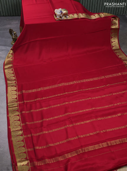 Pure mysore silk saree red with plain body and paisley zari woven border