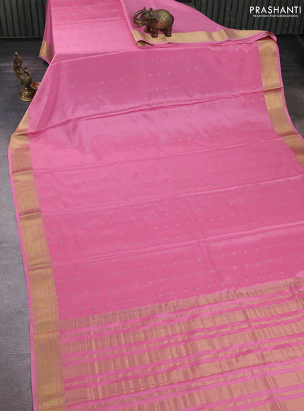 Pure mysore silk saree peach pink with allover zari woven buttas and zari woven border