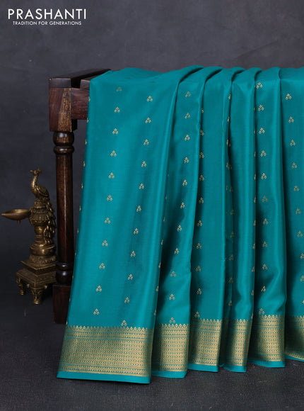 Pure mysore silk saree teal green with allover zari woven buttas and zari woven border