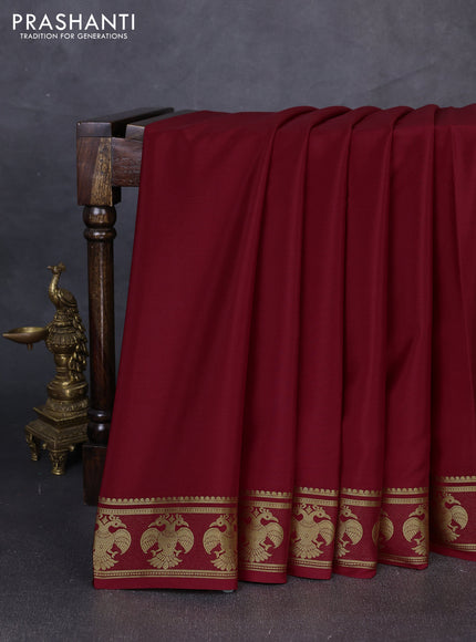 Pure mysore silk saree maroon with plain body and zari woven border