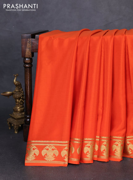 Pure mysore silk saree orange with plain body and zari woven butta border