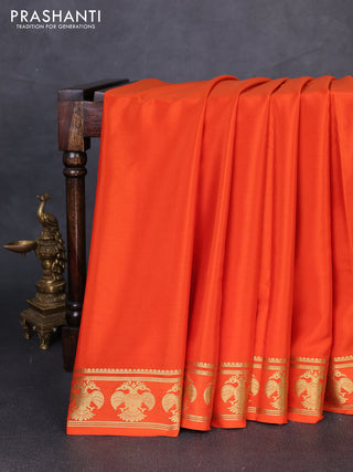 Pure mysore silk saree orange with plain body and zari woven butta border
