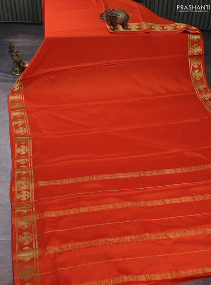 Pure mysore silk saree orange with plain body and zari woven butta border