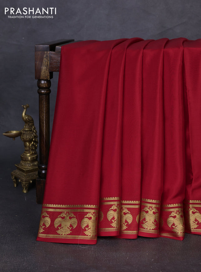 Pure mysore silk saree red with plain body and zari woven buttas