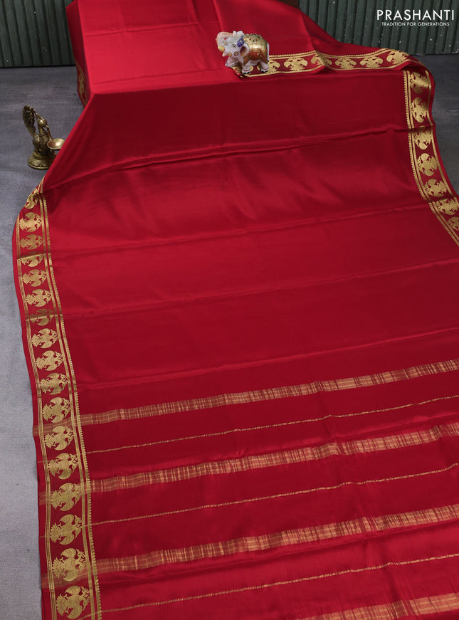 Pure mysore silk saree red with plain body and zari woven buttas