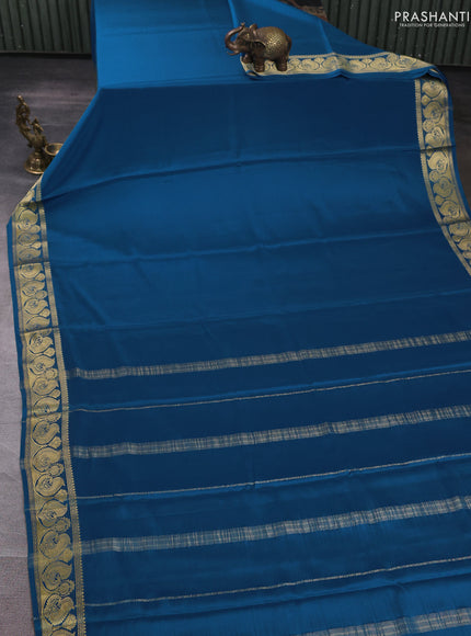 Pure mysore silk saree peacock blue with plain body and annam zari woven butta border