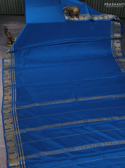 Pure mysore silk saree peacock blue with plain body and zari woven border