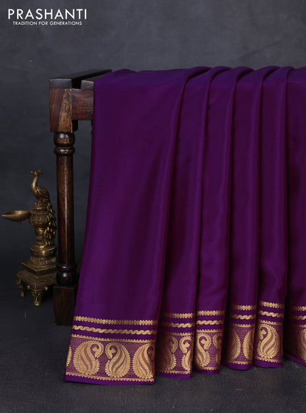 Pure mysore silk saree purple with plain body and paisley zari woven butta border