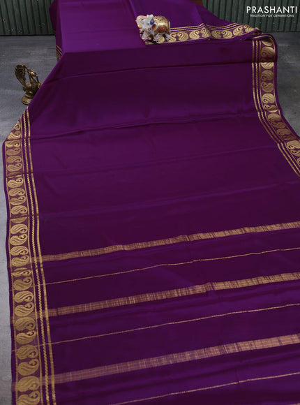 Pure mysore silk saree purple with plain body and paisley zari woven butta border