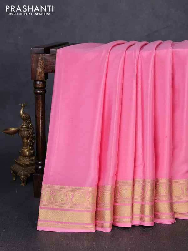 Pure mysore silk saree peach pink with plain body and zari woven border