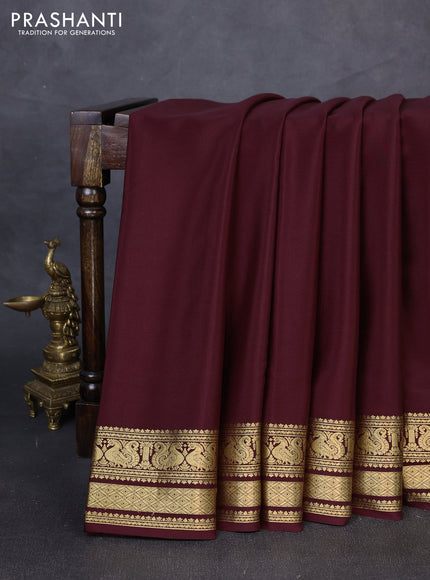Pure mysore silk saree coffee brown with plain body and zari woven border