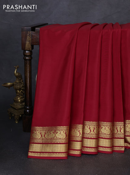 Pure mysore silk saree red with plain body and zari woven border