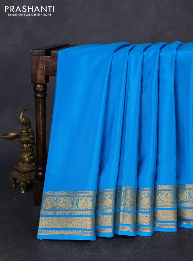 Pure mysore silk saree cs blue with plain body and zari woven border