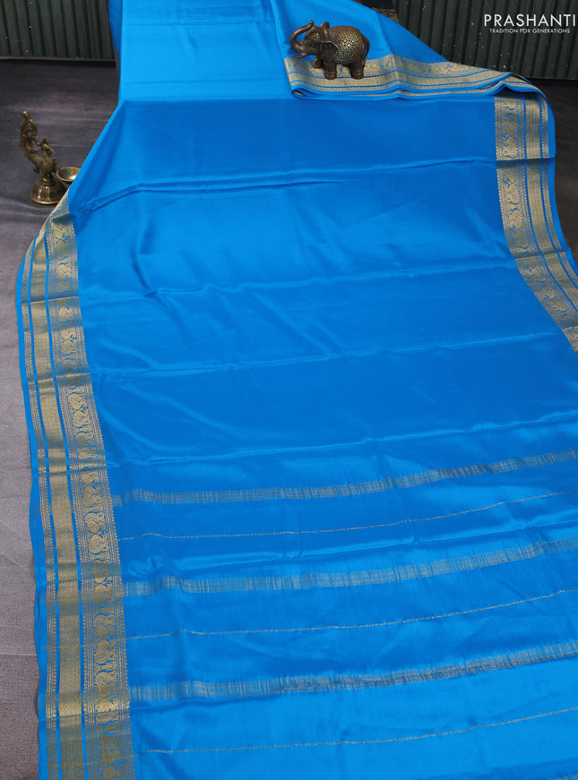 Pure mysore silk saree cs blue with plain body and zari woven border