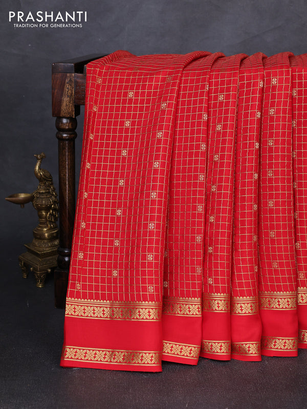 Pure mysore silk saree red with allover zari checks & buttas and zari woven border