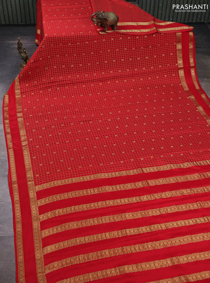 Pure mysore silk saree red with allover zari checks & buttas and zari woven border