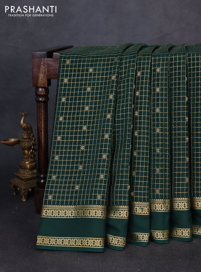 Pure mysore silk saree bottle green with allover zari checks & buttas and rettapet zari woven border