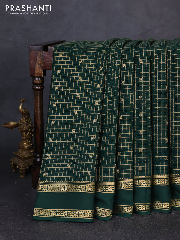 Pure mysore silk saree bottle green with allover zari checks & buttas and rettapet zari woven border