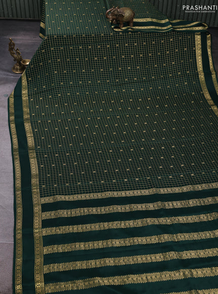 Pure mysore silk saree bottle green with allover zari checks & buttas and rettapet zari woven border