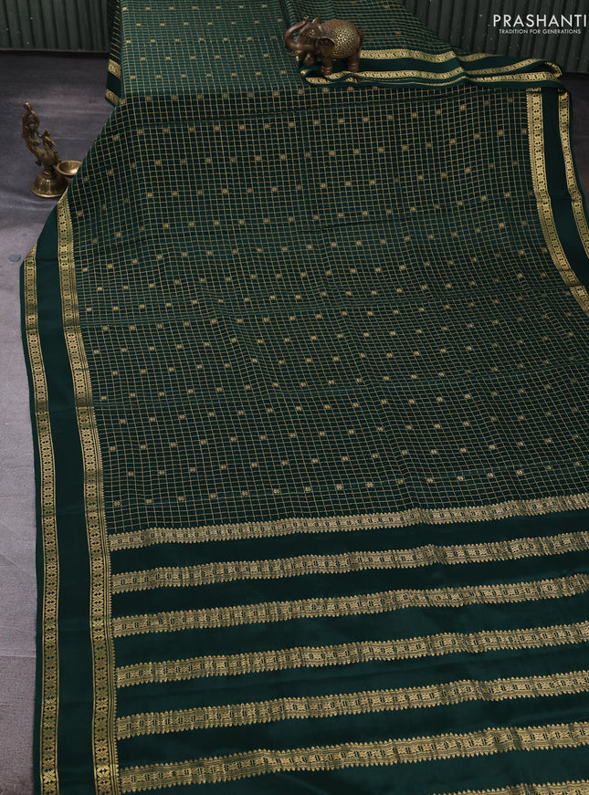 Pure mysore silk saree bottle green with allover zari checks & buttas and rettapet zari woven border