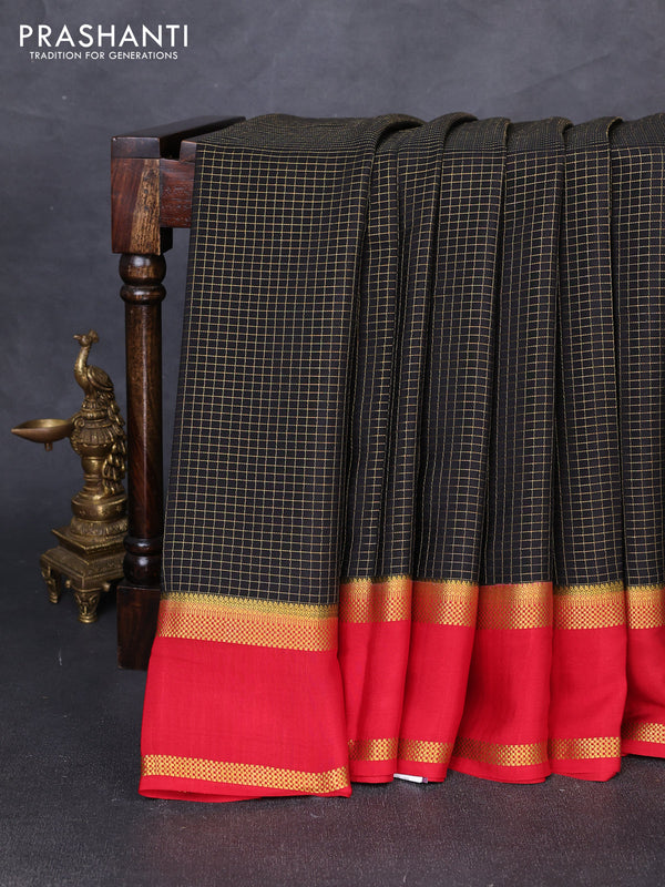 Pure mysore silk saree black and red with allover zari checks & buttas and rettapet zari woven border