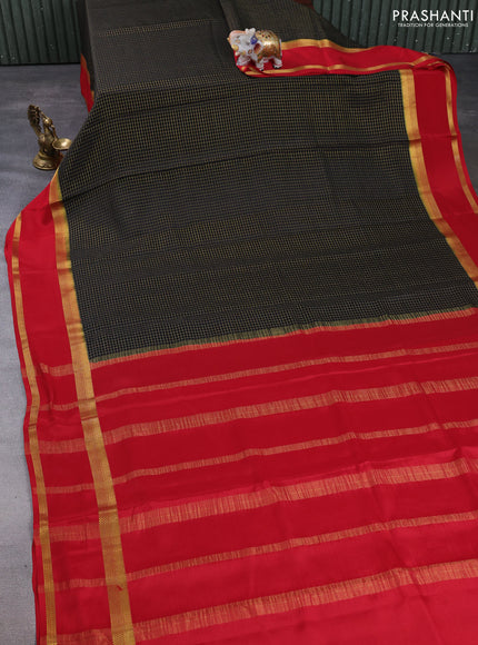 Pure mysore silk saree black and red with allover zari checks & buttas and rettapet zari woven border