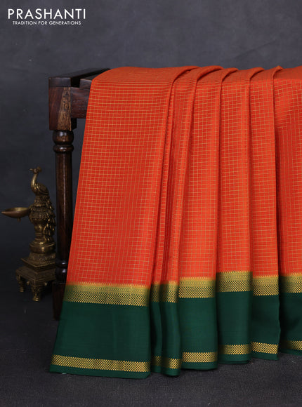 Pure mysore silk saree rust shade and bottle green with allover zari checked pattern and rettapet zari woven border