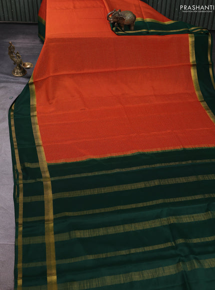 Pure mysore silk saree rust shade and bottle green with allover zari checked pattern and rettapet zari woven border