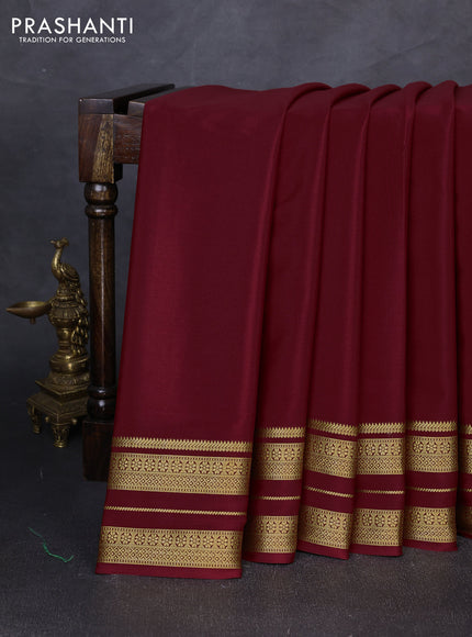 Pure mysore silk saree deep maroon with plain body and zari woven border
