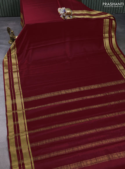 Pure mysore silk saree deep maroon with plain body and zari woven border