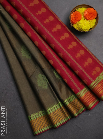 Kora silk cotton saree military green and mustard yellow maroon with allover thread woven buttas and thread woven border