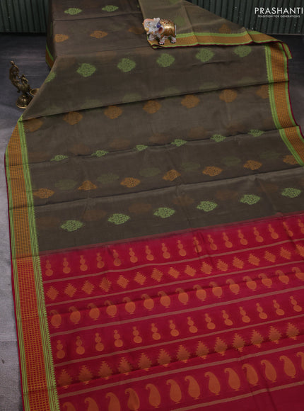 Kora silk cotton saree military green and mustard yellow maroon with allover thread woven buttas and thread woven border
