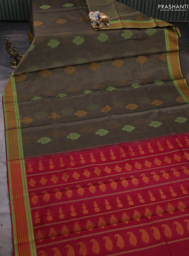 Kora silk cotton saree military green and mustard yellow maroon with allover thread woven buttas and thread woven border