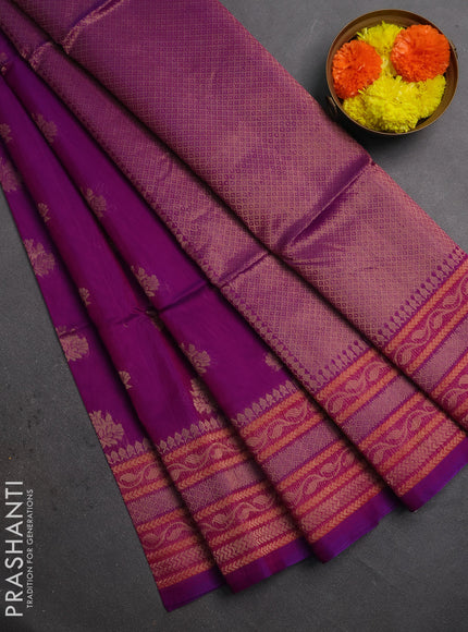 Kora silk cotton saree purple and orange with zari woven buttas and long zari woven border