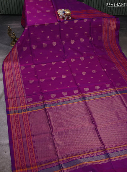 Kora silk cotton saree purple and orange with zari woven buttas and long zari woven border