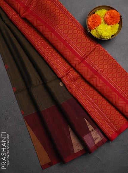 Kora silk cotton saree olive green and red with allover thread checks & buttas and temple design thread woven border