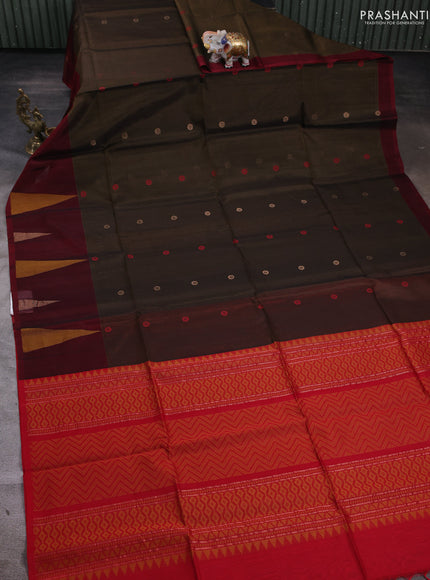 Kora silk cotton saree olive green and red with allover thread checks & buttas and temple design thread woven border