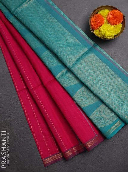 Kora silk cotton saree teal green and pink with allover thread & zari stripes and zari woven border