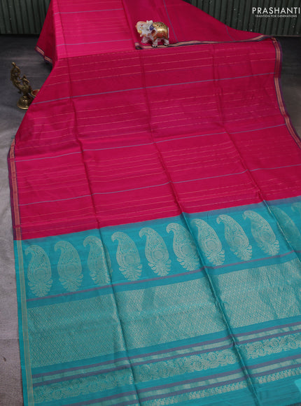Kora silk cotton saree teal green and pink with allover thread & zari stripes and zari woven border