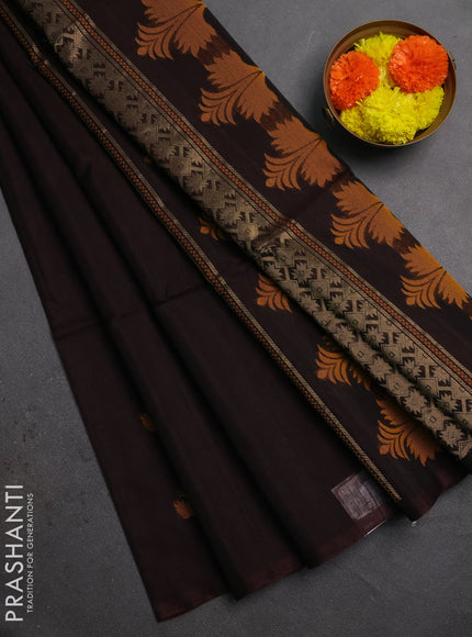 Kora silk cotton saree coffee brown with allover thread & zari woven buttas in borderless style