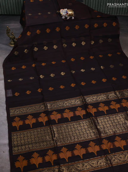 Kora silk cotton saree coffee brown with allover thread & zari woven buttas in borderless style