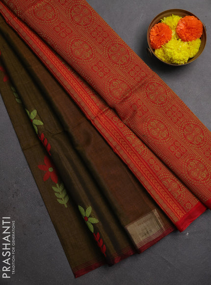 Kora silk cotton saree dark mustard and red with allover thread woven buttas and piping border