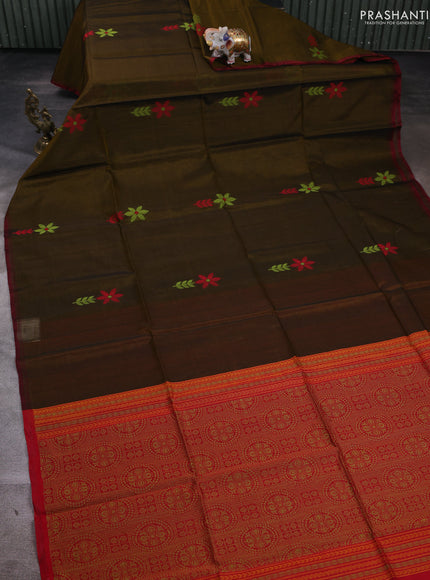 Kora silk cotton saree dark mustard and red with allover thread woven buttas and piping border
