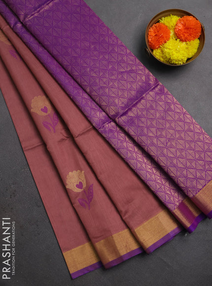 Kora silk cotton saree pastel pink and purple with allover thread & zari woven buttas and zari woven border