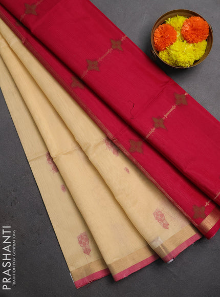 Kora silk cotton saree cream and pink with allover thread & zari woven buttas and zari woven border
